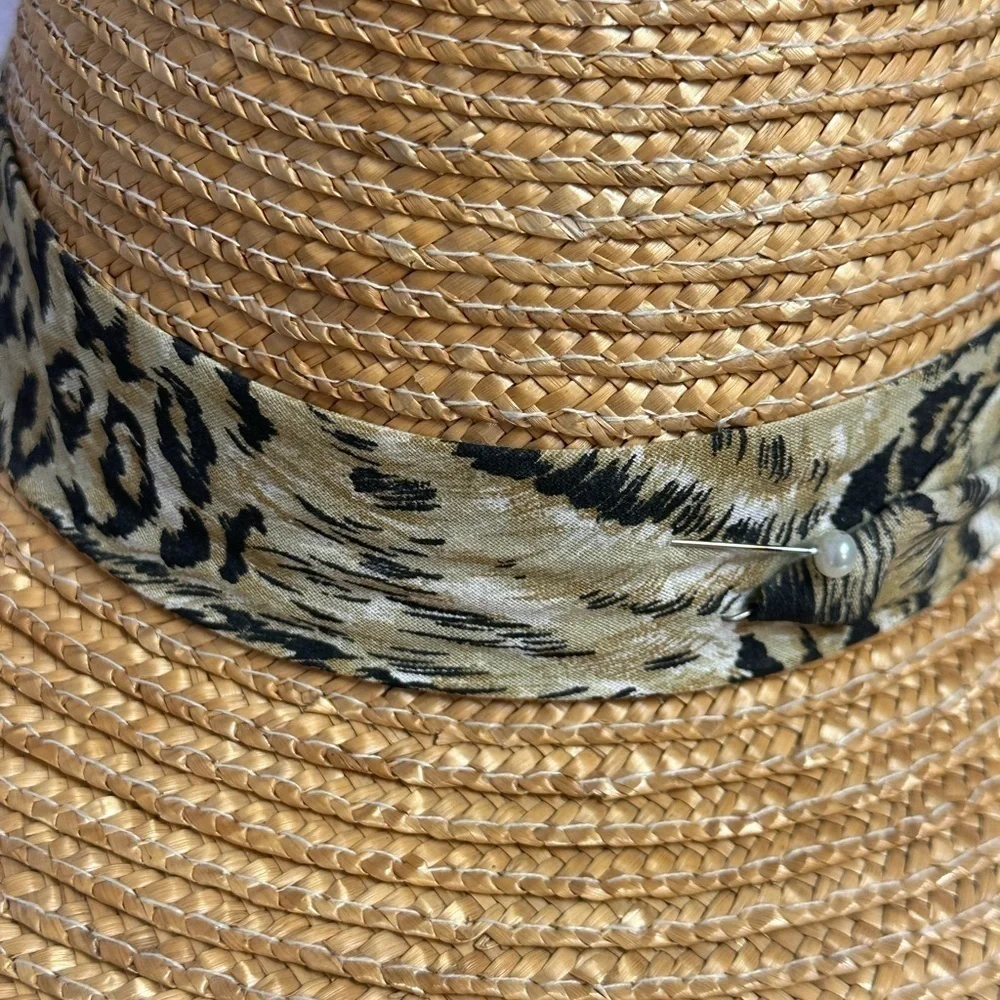 Womens Tan Straw Sun Hat Animal Print Accent Band Pearl Stick Pin Wide Brim Hat